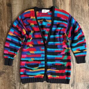 JH Collectibles Vintage Striped Hand Knit LS Cardigan Sweater, Black Multi, M
